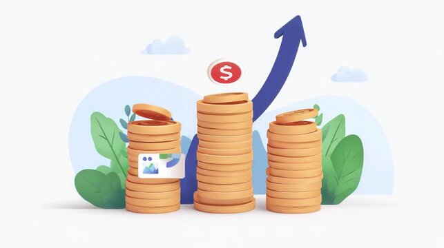 Stacks of coins representing financial growth with a dollar symbol and upward arrow in a nature-themed background.