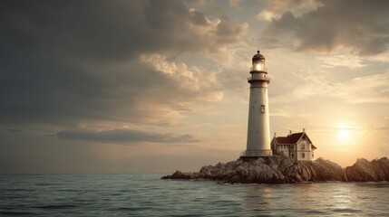 A lighthouse sits on a rocky outcrop surrounded by water during sunset. Warm light shines from the tower while clouds fill the sky. Waves gently lap at the rocks.