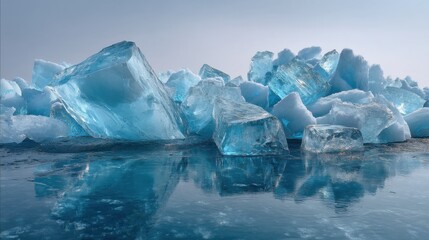 Ice formations rest on the surface of a frozen lake reflecting the clear sky. The scene shows various sizes of ice pieces scattered across the water.