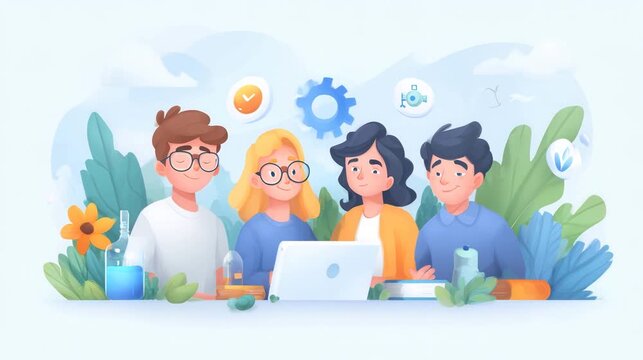 A group of four diverse people working collaboratively on a project in a bright, colorful environment with nature elements and technology.