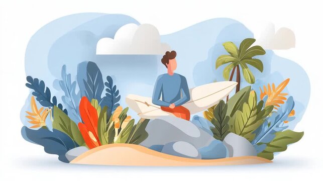 A colorful illustration of a man sitting with a surfboard surrounded by tropical plants and a serene landscape.