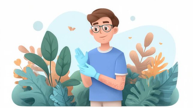 A young man wearing gloves smiles while standing amidst lush green plants in a stylized illustration.