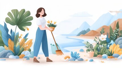 A woman gardening by a serene lake, holding a pot of flowers and a broom, surrounded by plants and mountains.
