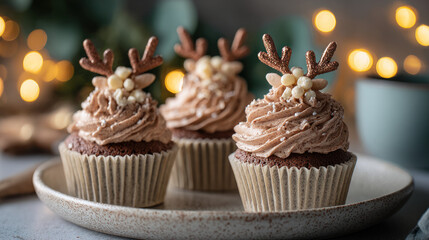 Chocolate holiday cupcakes with reindeer decorations
