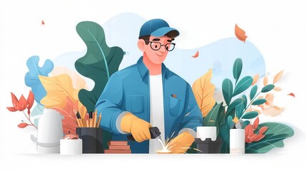 A person in a blue jacket and cap, working on a project with plants and autumn leaves in the background.