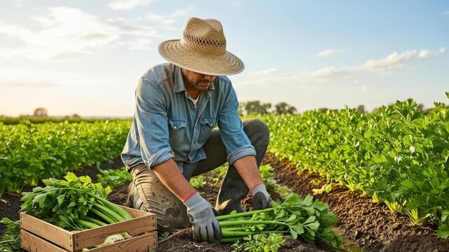 A farmer harvests fresh celery under a clear sky, showcasing sustainable agriculture. this sequence highlights dedication and the beauty of rural life.