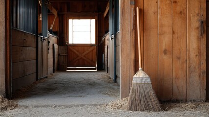 A broom stands upright on the ground in a stable. The barn has wooden walls and windows allowing sunlight to enter. The floor is dusty with straw scattered around.