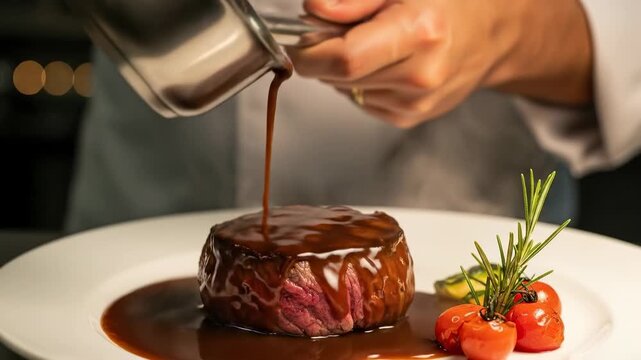 Chef expertly drizzles sauce over a juicy steak, highlighting culinary precision. capturing the art of fine dining and gourmet presentation.