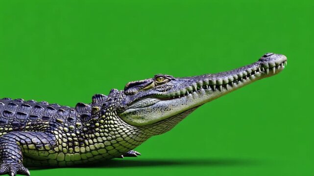 A gharial with its mouth closed resting on a green background in a studio setting image shot crocodile green screen video