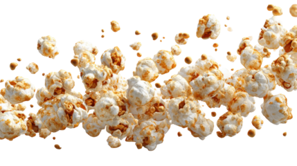 Popcorn kernels falling and flying on a transparent background, scattering sweet buttery caramel snack food