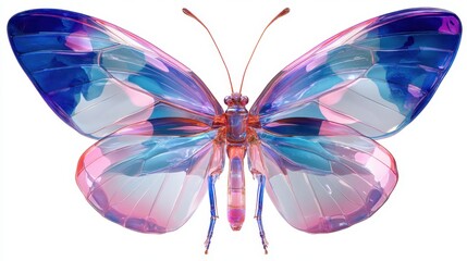 A colorful butterfly shows its wings with vibrant shades of blue and pink. The wings are transparent and catch light creating a striking visual display.
