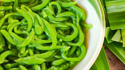 Thai Lod Chong with coconut milk and pandan leaves