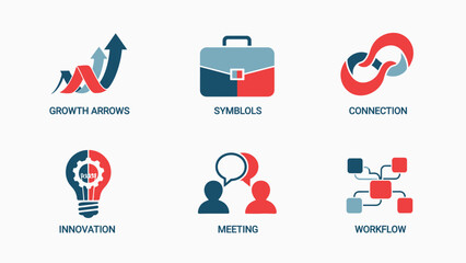 Fototapeta premium Abstract vector icons representing key business concepts like growth, innovation, connection, communication, and workflow optimization for modern corporate designs