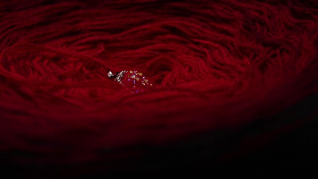 Dark red yarn skein rotating smoothly in seamless loop with rich fiber texture