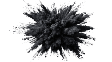 Black powder explosion cloud bursting, abstract smoke, dust particles scattering, energy impact, transparent background