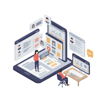 Isometric 3D vector illustration depicting digital recruitment process with diverse candidates profiles on screens and computer interface for online job searching and hiring analytics