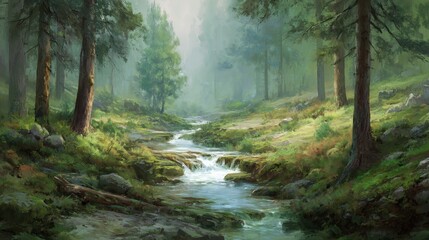 Fototapeta premium A stream flows through a green forest with tall trees and rocks. Soft light filters through the leaves. The scene shows the beauty of nature during daytime in a tranquil environment.