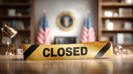 Closed sign on a wooden desk in an US office setting, with flags in the background, conveying a sense of formality and authority in the workspace