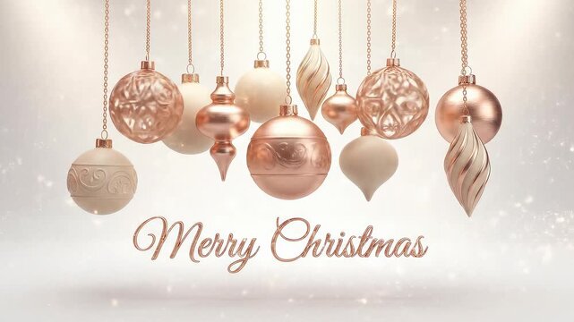 Elegant rose gold and cream Christmas ornaments dangle against a shimmering white winter background with Merry Christmas text below