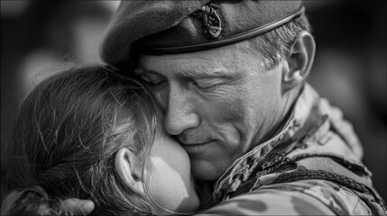Soldier embraces child in heartfelt reunion at military base after deployment during afternoon