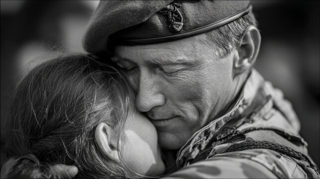 Soldier embraces child in heartfelt reunion at military base after deployment during afternoon - Powered by Adobe