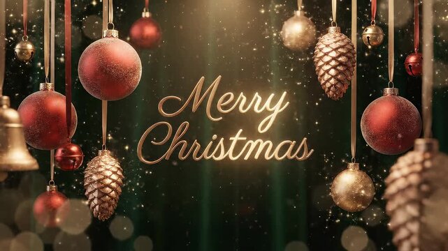 Elegant Christmas ornaments including red baubles golden pinecones and festive sleigh bells hang above glowing Merry Christmas script on a dark green background