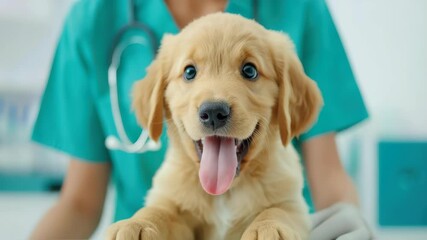 Puppy's Gentle Health Check: A cute golden retriever puppy receives a checkup from a caring doctor, radiating joy and trust, symbolizing pet wellness and affection.