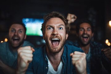 Men celebrating victory while watching a live sports match at home