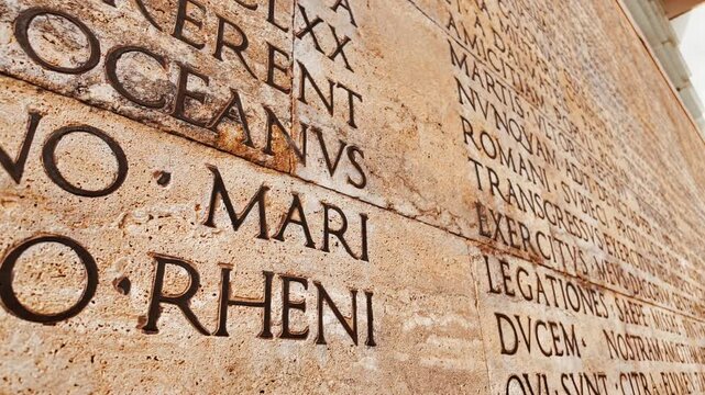 Latin inscription of the Res Gestae Divi Augusti The Deeds of the Divine Augustus written by Emperor Augustus in Rome, Italy