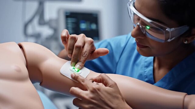Healthcare Professional Applies Medical Sensor Patch on Training Mannequin