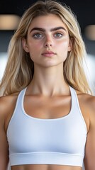 Fototapeta premium Attractive woman is posing with light blonde hair and wearing a white sports bra indoors.