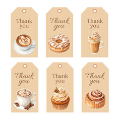Watercolor Thank You Tags Set with Coffee Bakery and Sweet Desserts