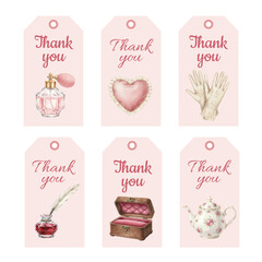 Watercolor Thank You Tags Collection with Vintage Feminine Objects