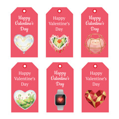 Watercolor Valentine's Day Tags Collection with Heart Shaped Graphics
