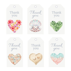 Watercolor Thank You Tags Collection with Tropical Beach Hearts