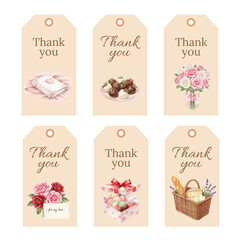 Watercolor Thank You Tags Collection with Romantic Gift Illustrations