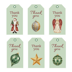 Watercolor Christmas Thank You Tags with Santa and Ornaments