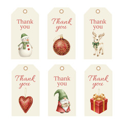 Watercolor Christmas Thank You Tags with Snowman Reindeer and Gnome