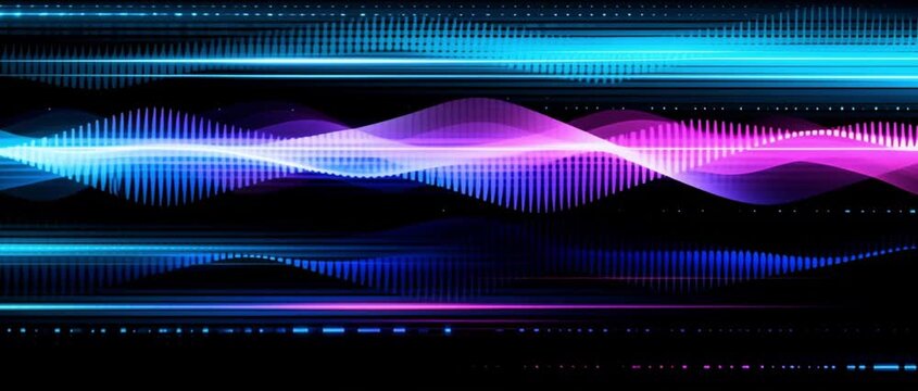 Colorful flowing wave lines in blue and pink tones on a digital abstract background
