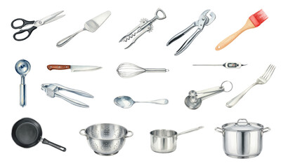 Watercolor Collection of Essential Stainless Steel Kitchen Utensils