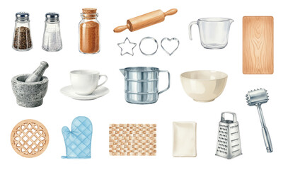Watercolor Set of Modern Kitchen Cooking Appliances and Gadgets