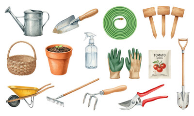 Watercolor Set of Garden Tools and Planting Supplies