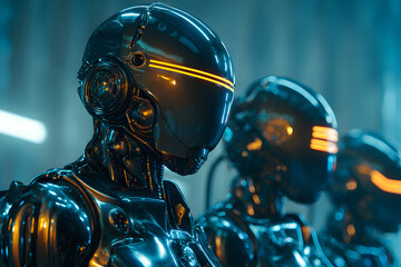 Fototapeta premium Futuristic robots lined up in a high-tech setting showcasing advanced design and glowing features