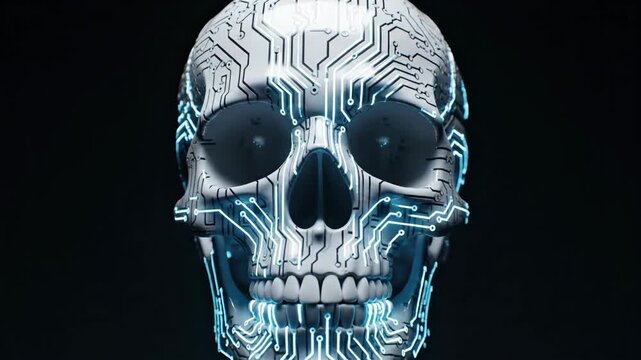 Futuristic Digital Skull with Circuitry Patterns Floating in Dark Background