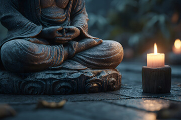 Calm and serene Buddha statue surrounded by candlelight in a tranquil setting at dusk