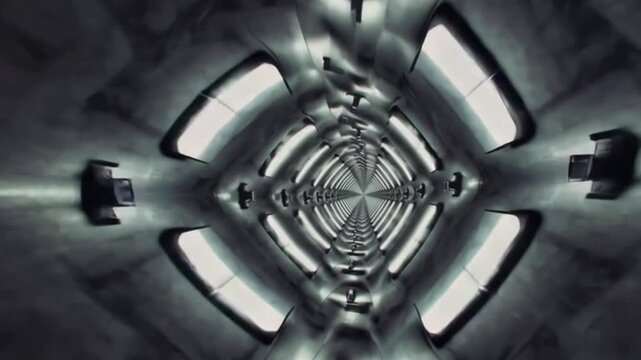 Dynamic flight through a futuristic metallic tunnel with repeating bright lights creating a vortex effect