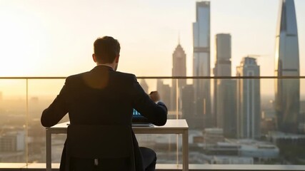 Businessman celebrates success in modern cityscape. achieving goals and embracing triumph.