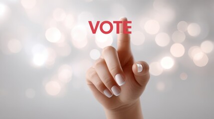 Close up shot of a woman's hand pressing down on the word "VOTE" in bold red letters, emphasizing the importance of civic engagement and participation