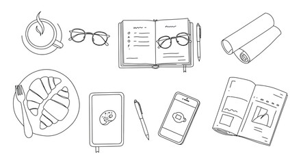 Morning routine coffee croissant notebook and phone for a productive day ideal for blog header or personal development content and organization