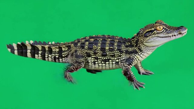 A small crocodile walking on a green screen with black and white pattern on its skin visible crocodile green screen video
